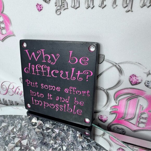 Black Pink Decorative Sign tile rhinestone diamond why be difficult cute - Picture 2 of 4